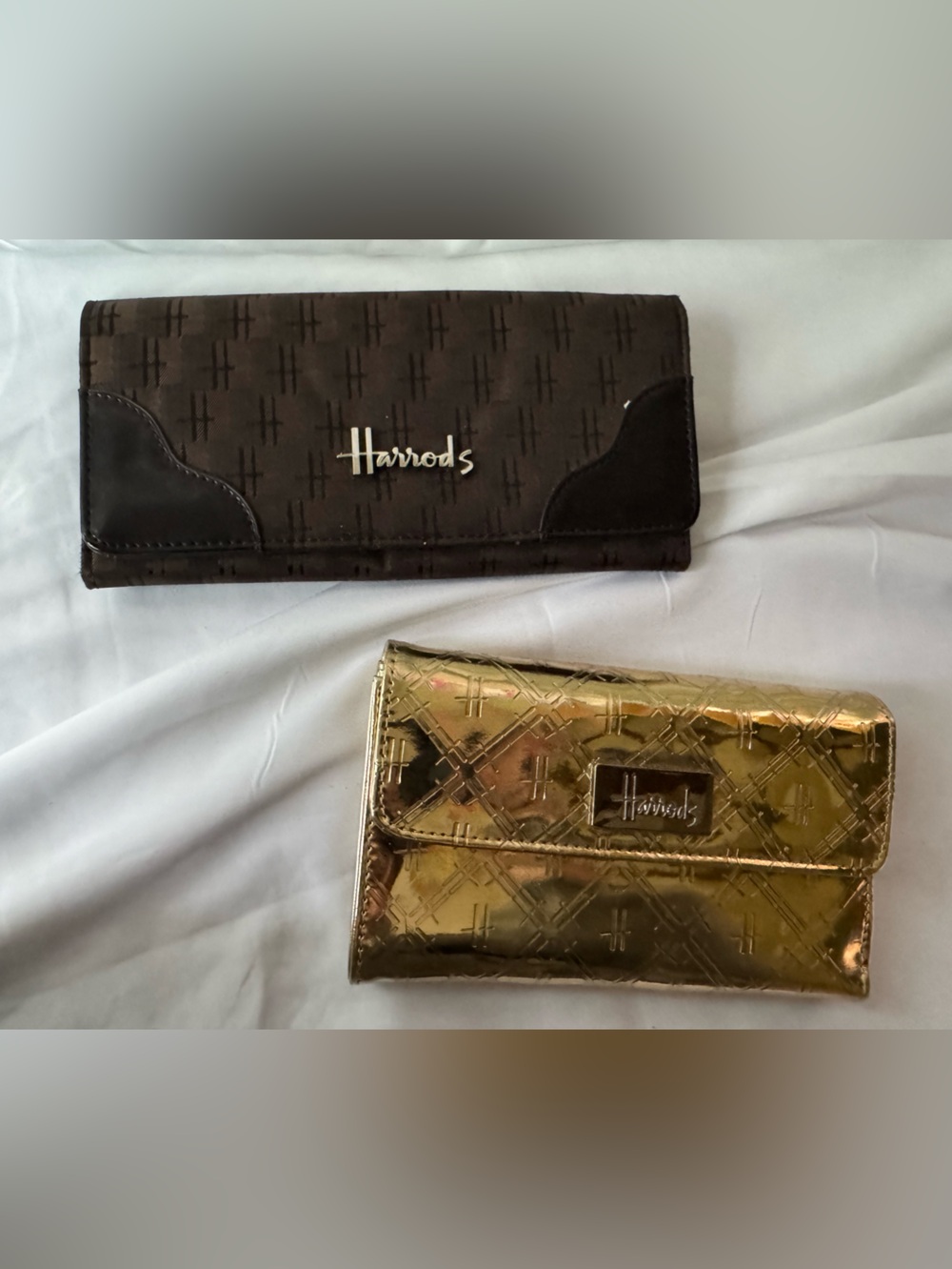 Harrods Gold Metallic and Brown Signature Wallets, Lot of 2